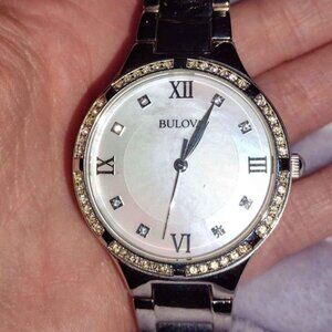 Womens Watch Bulova 96L262 Silver Tone White Mother of Pearl Dial Crystal Accent